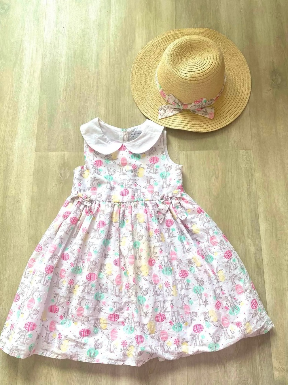 Girls' Pastel Bunny Print Cotton Dress - White with Pink & Mint